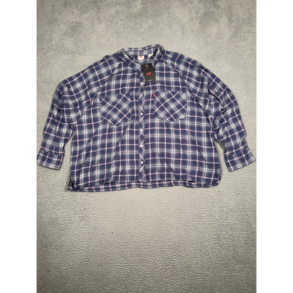 NWT Levis Mens XL Relaxed Fit Plaid Button Up Shirt Blue Pink Cotton Viscose - Picture 1 of 7